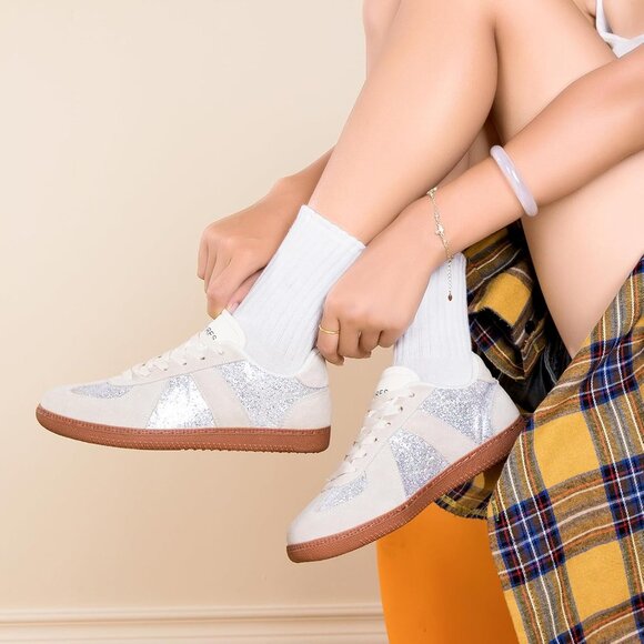 Women’s Tan Glitter Sparkly Fashion Trainers Gum Sole Cushioned Insole Sneakers - Picture 2 of 8